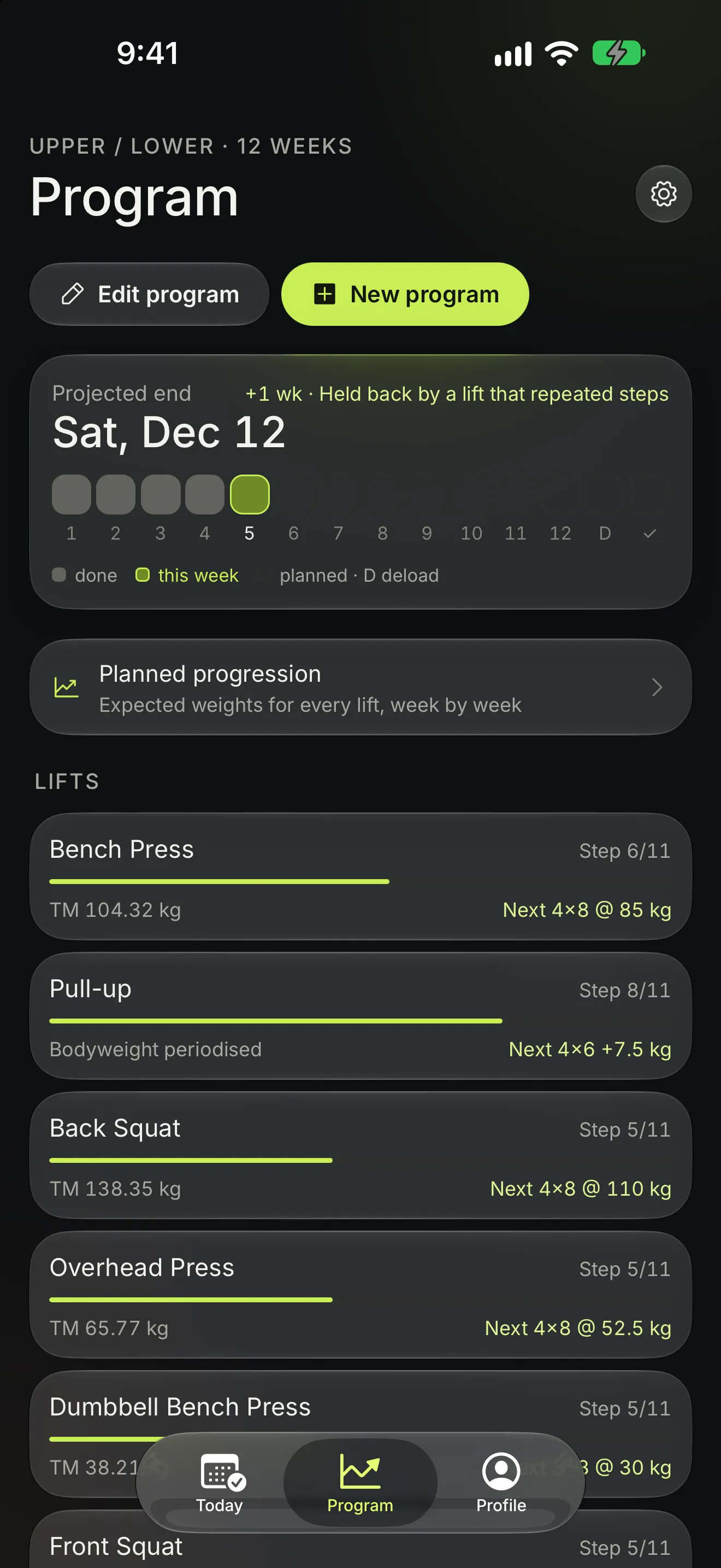 SetForge Program screen: the projected end date, a week strip, and each lift's step with its next target.